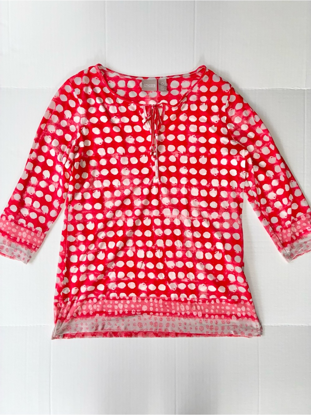 Chico's Women’s 3/4 Sleeve Sheer Red/White Polka Dot Tie-Neck Top Size 0